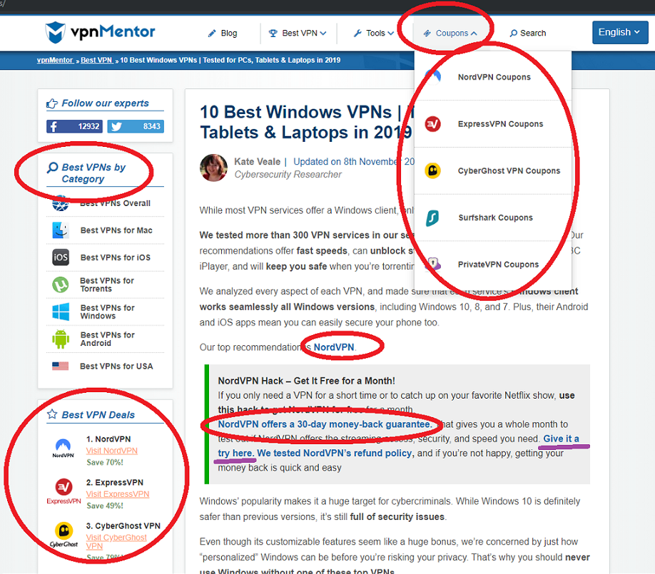 VPN Mentor's category pages are chock full of affiliate marketing ads